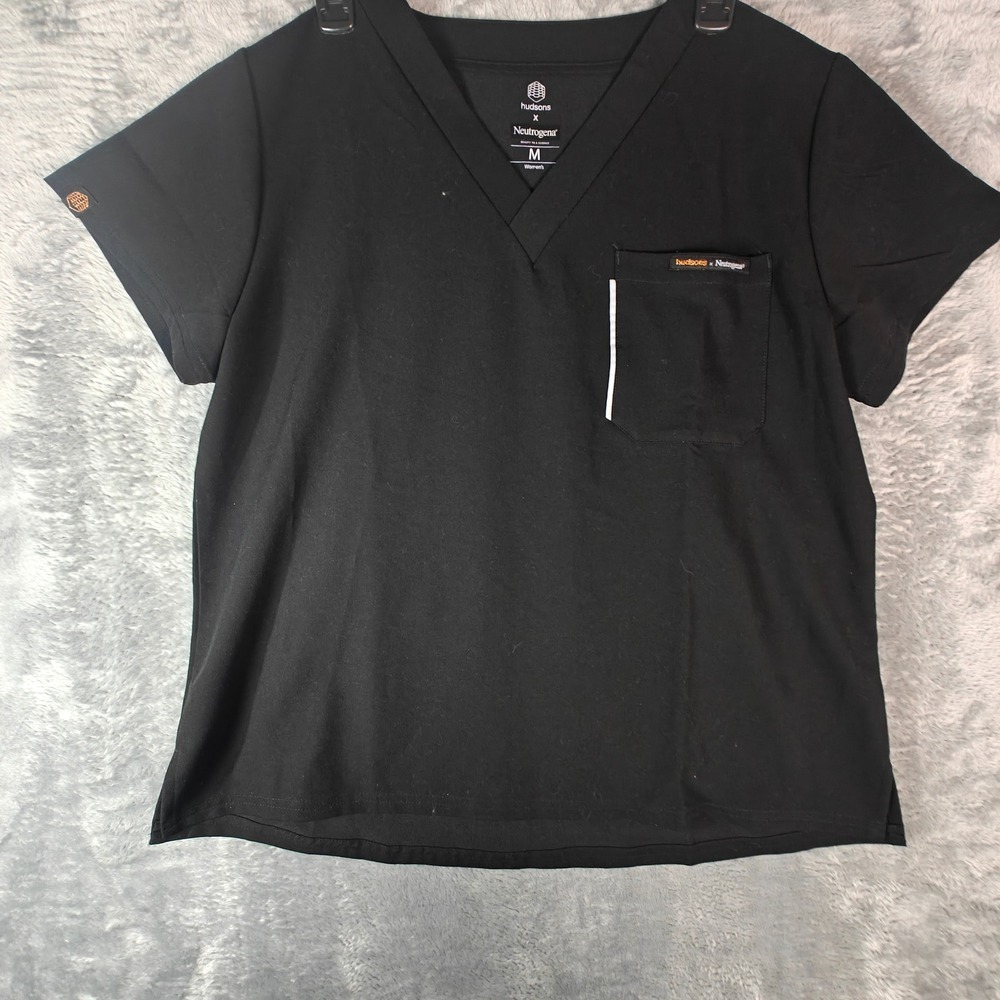 Hudsons x Neutrogena Scrub Top Womens Medium Black V-Neck Short Sleeve Pocket